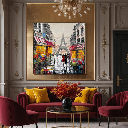 Large Paris romance painting displayed above bed