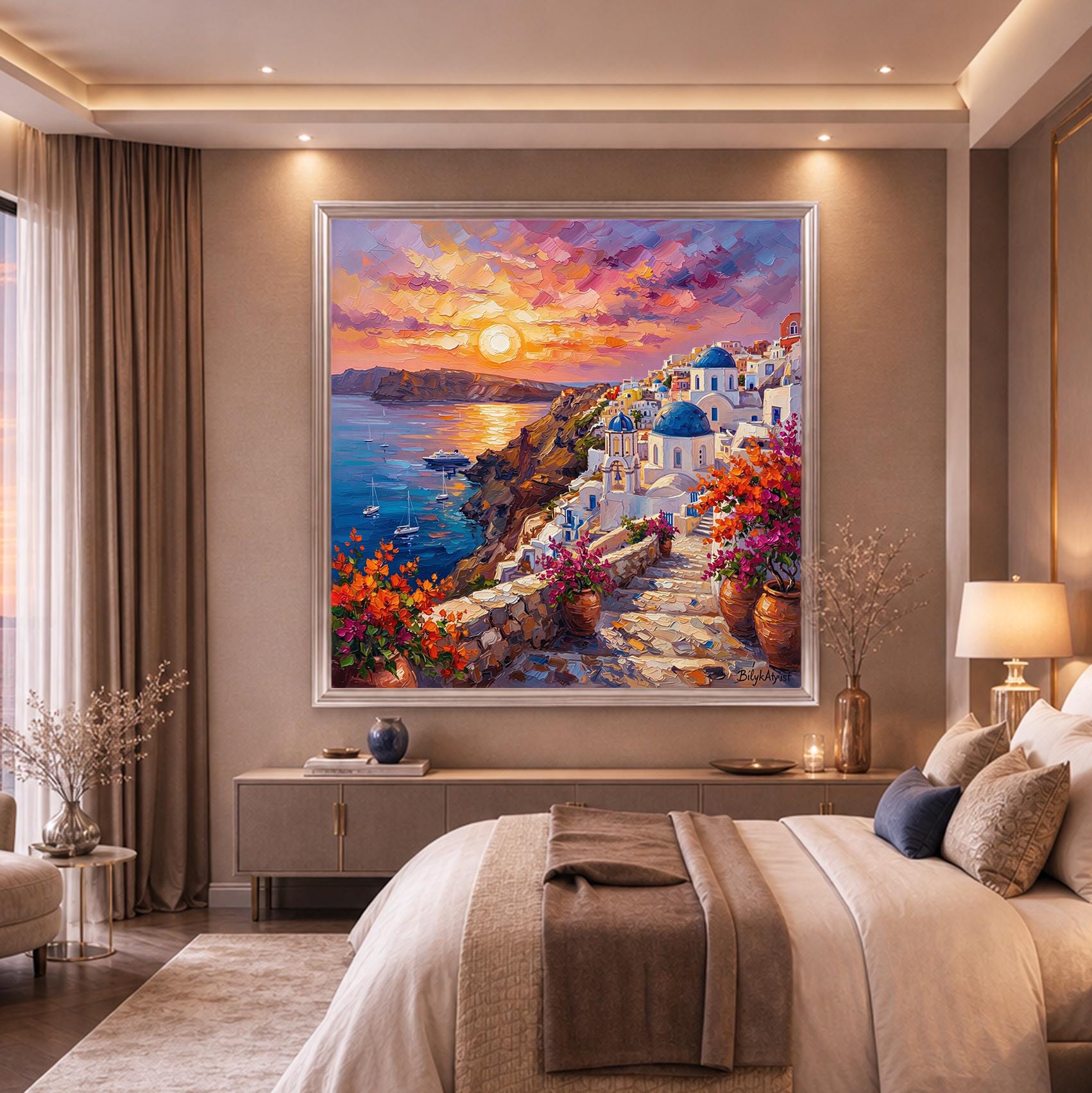 Large Santorini bougainvillea painting displayed on bedroom room wall