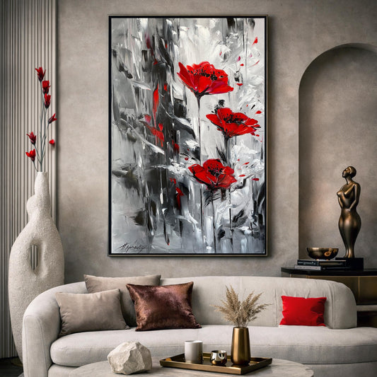 Large red poppy flower painting stretched on wooden frame