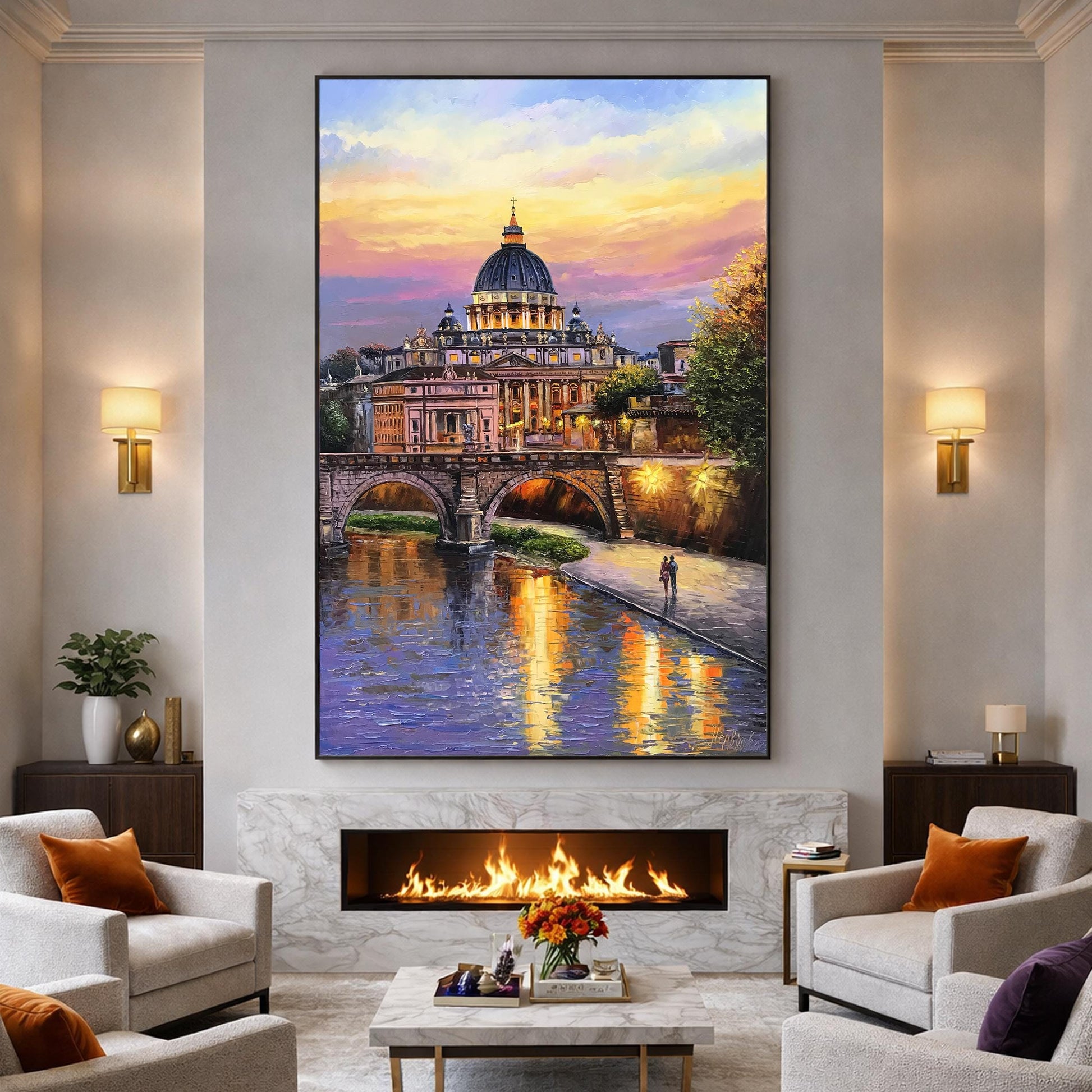 Living room with a large painting of a Rome sunset cityscape above a fireplace.