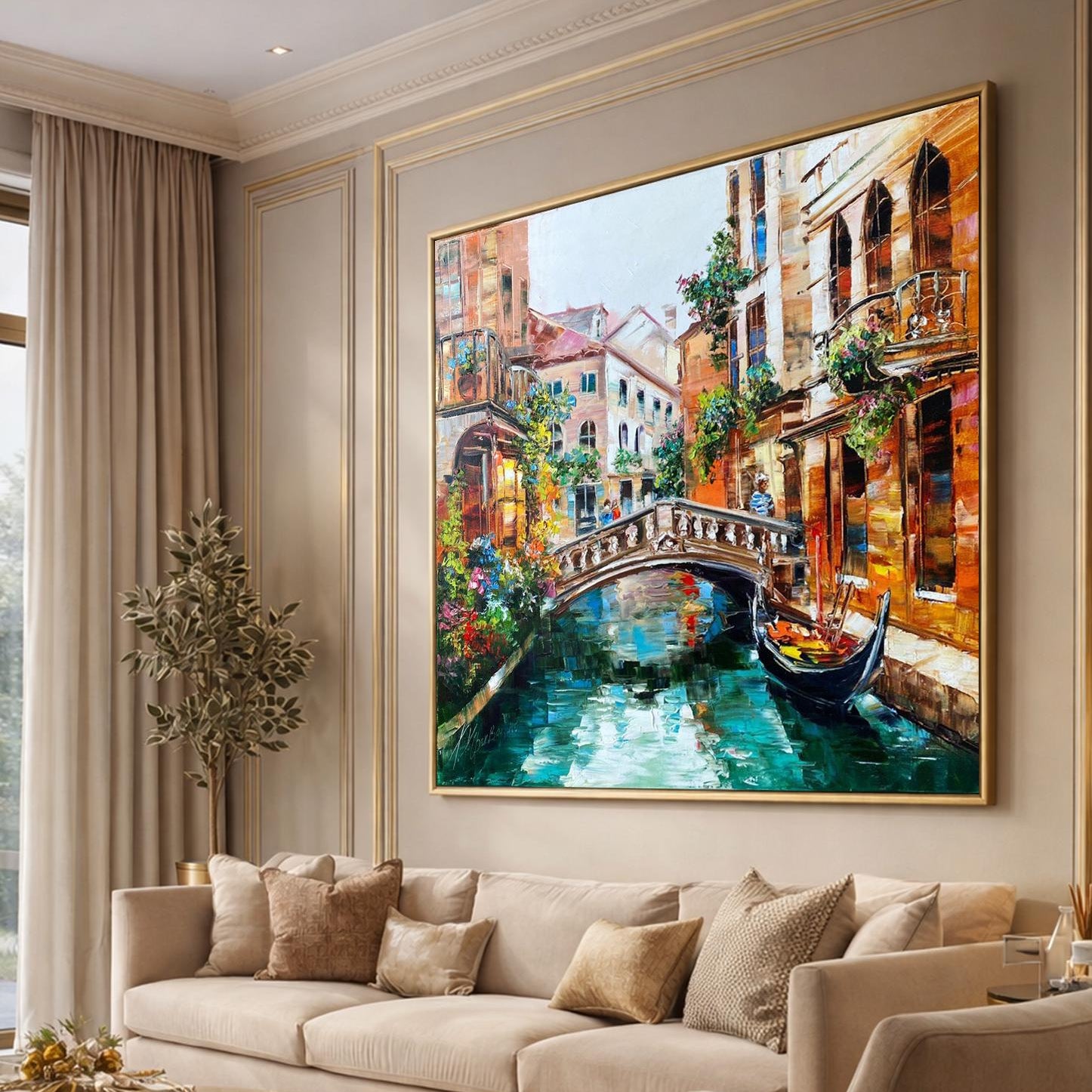 Living room with a large painting of a Venice canal scene on the wall.