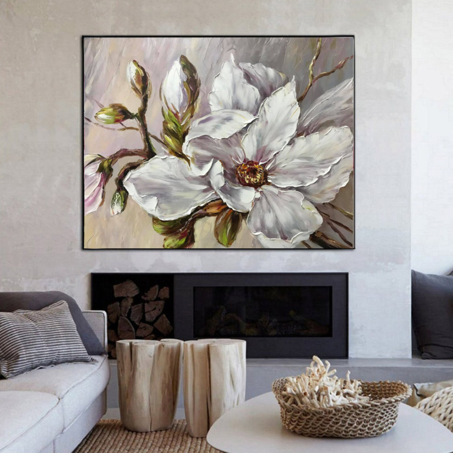 White Magnolia Painting Original Beige Flower Wall Art Single Flower Painting Magnolia Art Extra Large Flower Paintings on Canvas