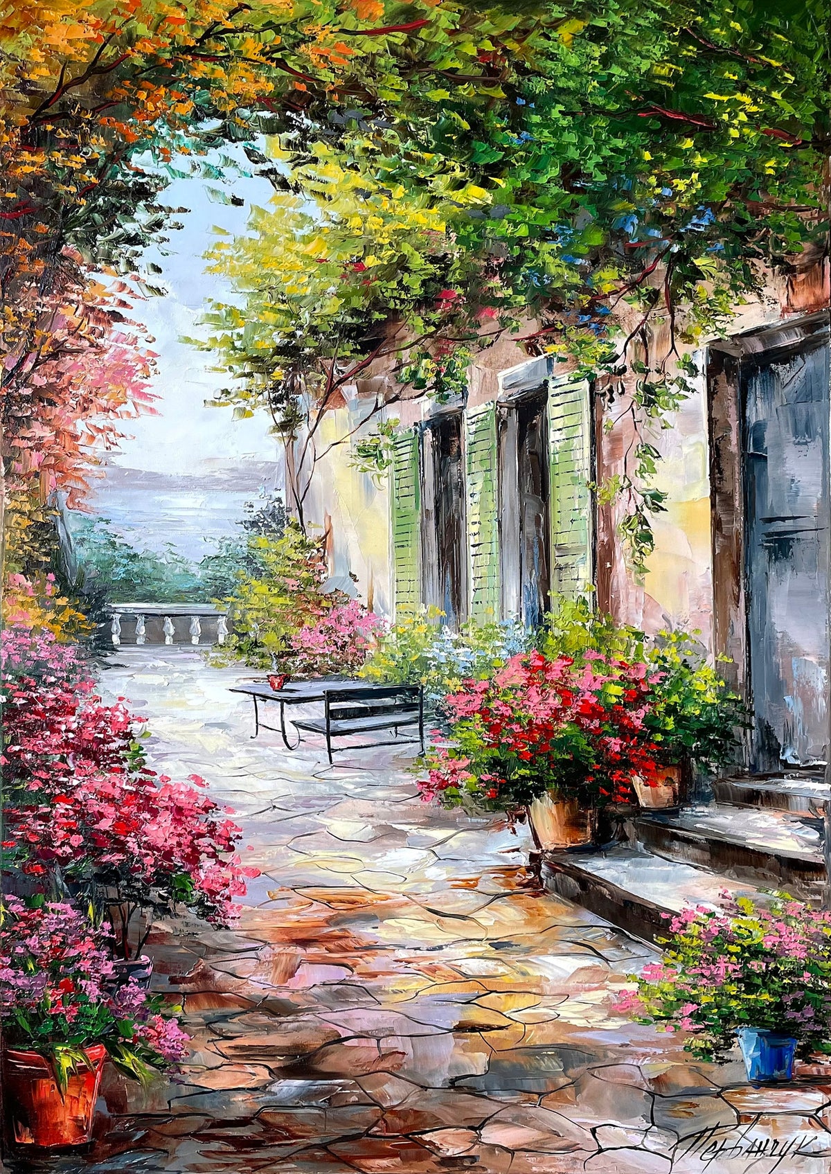 Mediterranean courtyard Tuscan villa oil painting original artwork