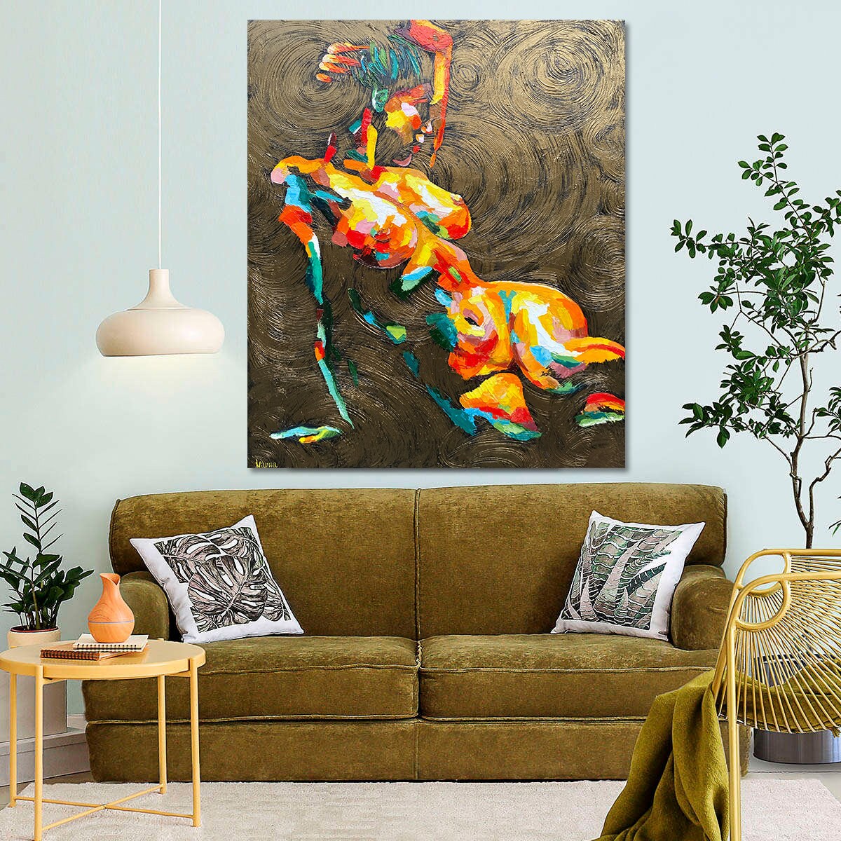 Nude woman painting displayed in modern bedroom wall art