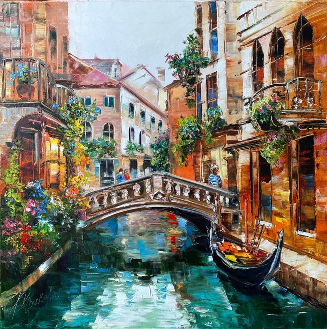 Original Large Venice Italy oil painting in Monet impressionist style, BilykArt
