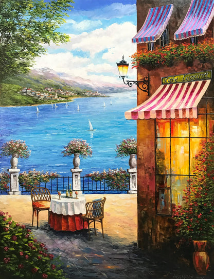 Original Italian cafe oil painting, Amalfi Coast Mediterranean scenery