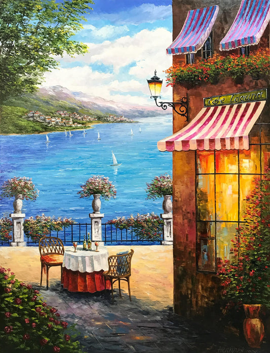 Original Italian cafe oil painting, Amalfi Coast Mediterranean scenery