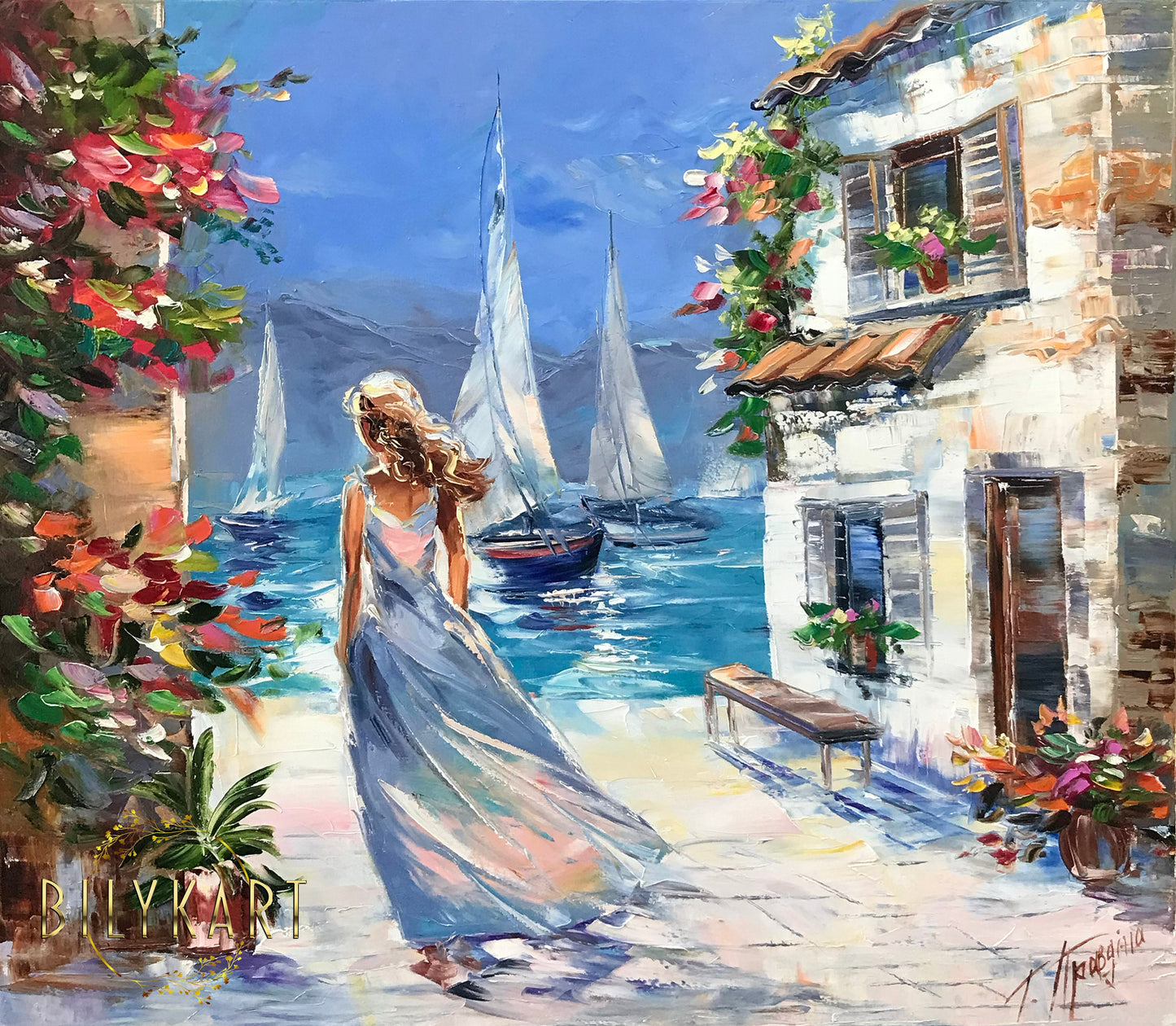 Original Mediterranean coastal village oil painting, woman in blue dress