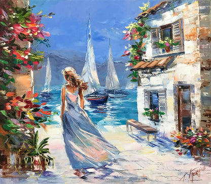 Original Mediterranean coastal village oil painting, woman in blue dress