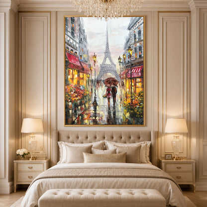 Original Paris street scene oil painting with couple and red umbrella