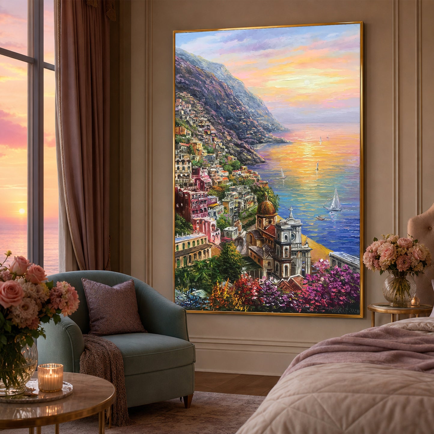 Original Positano Italy coastal town oil painting on canvas