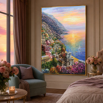 Original Positano Italy coastal town oil painting on canvas