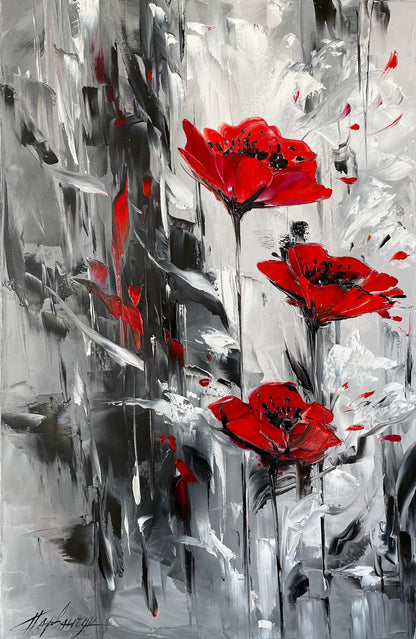 Original Red Poppies oil painting black white red abstract canvas