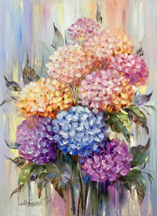 Original abstract pink hydrangea oil painting on canvas