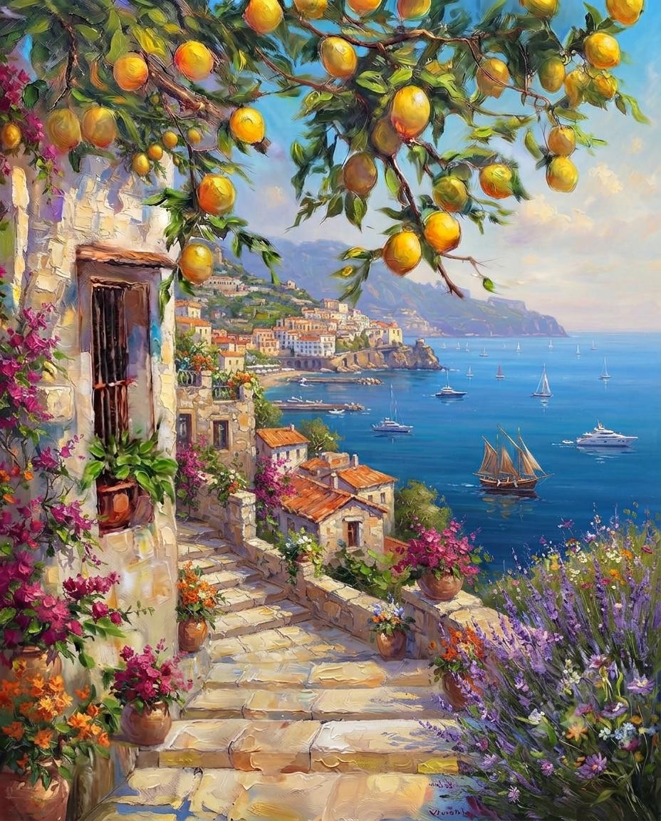 Original hand-painted Amalfi Coast lemon tree oil painting, colorful Positano Italy seascape wall art - Vacation Scenery