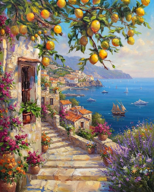 Original hand-painted Amalfi Coast lemon tree oil painting, colorful Positano Italy seascape wall art - Vacation Scenery
