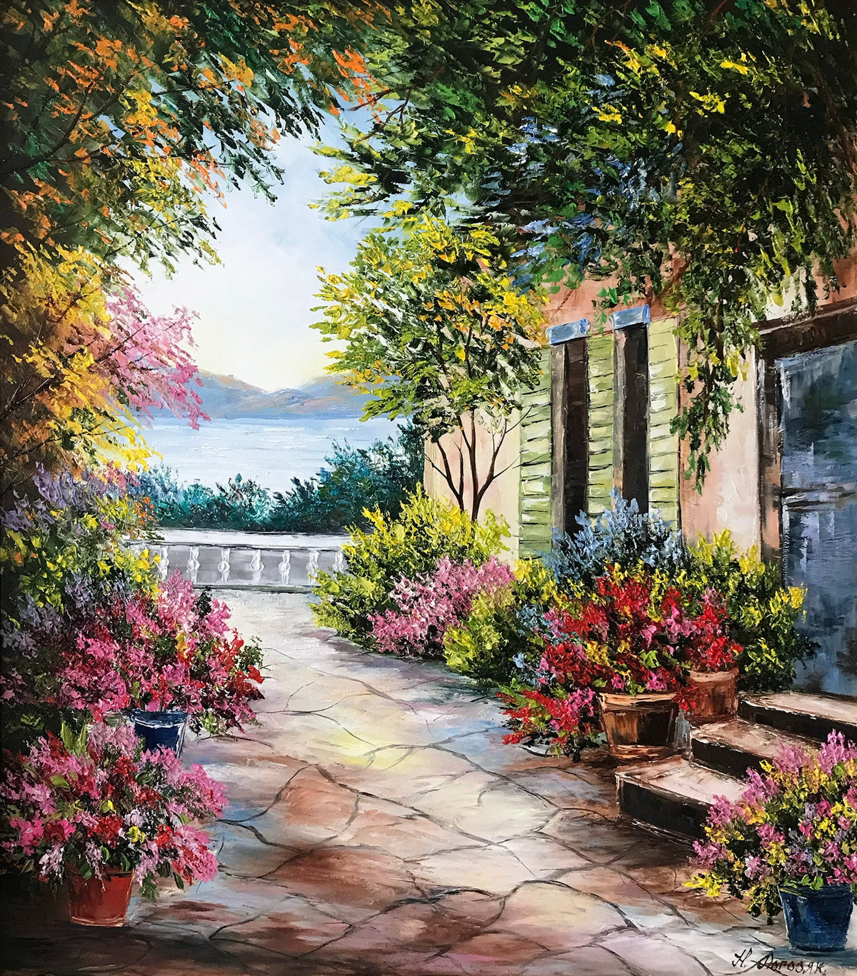 Original hand-painted Italian Villa oil painting on canvas featuring Sorrento Mediterranean garden landscape - Bilykart Gallery