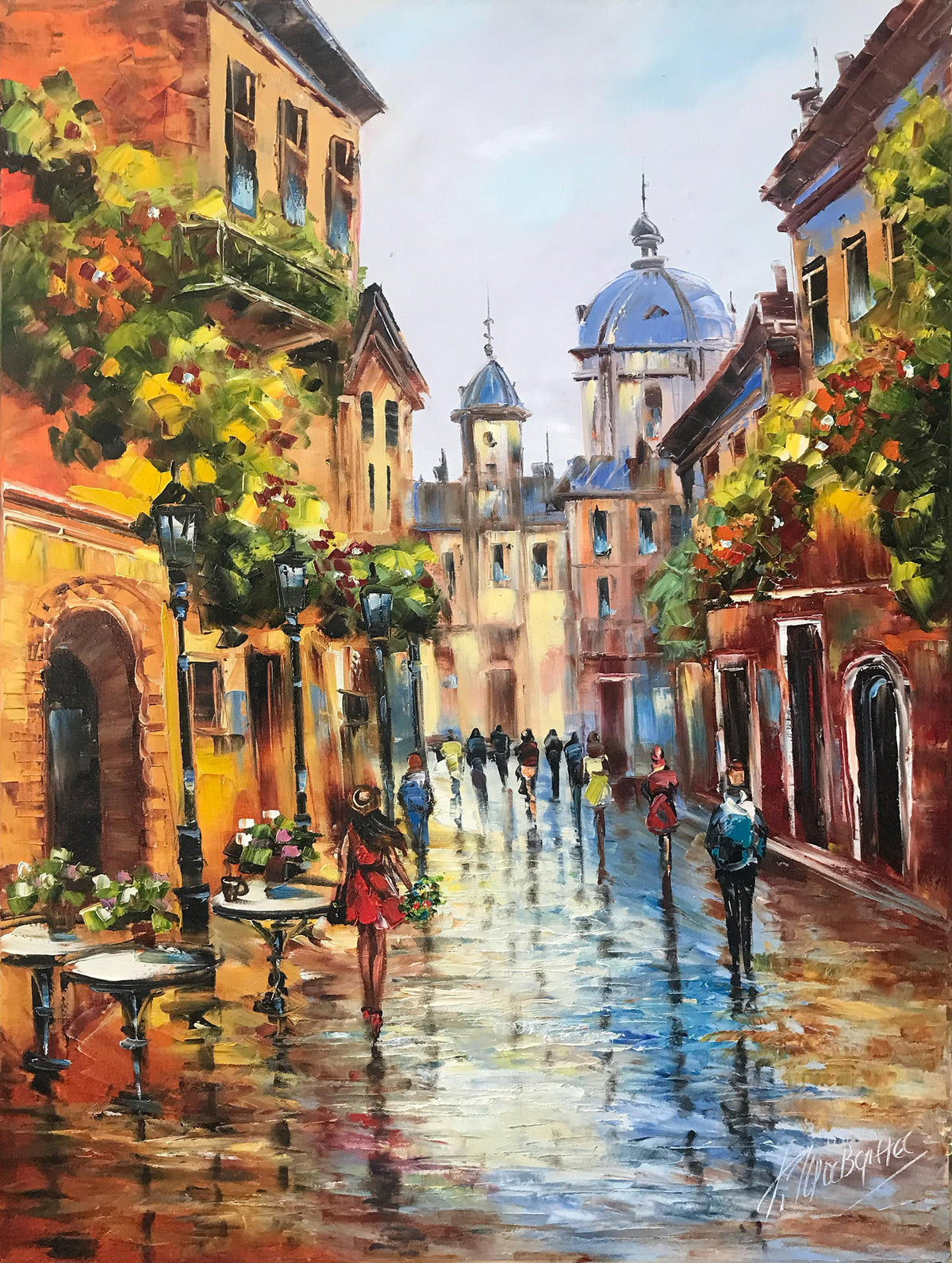 Original hand-painted Parisian street oil painting on canvas, French cafe wall art, modern European artwork - Bilykart Gallery