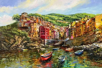 Original hand-painted Riomaggiore Cinque Terre oil painting, colorful Italian coastal village wall art
 