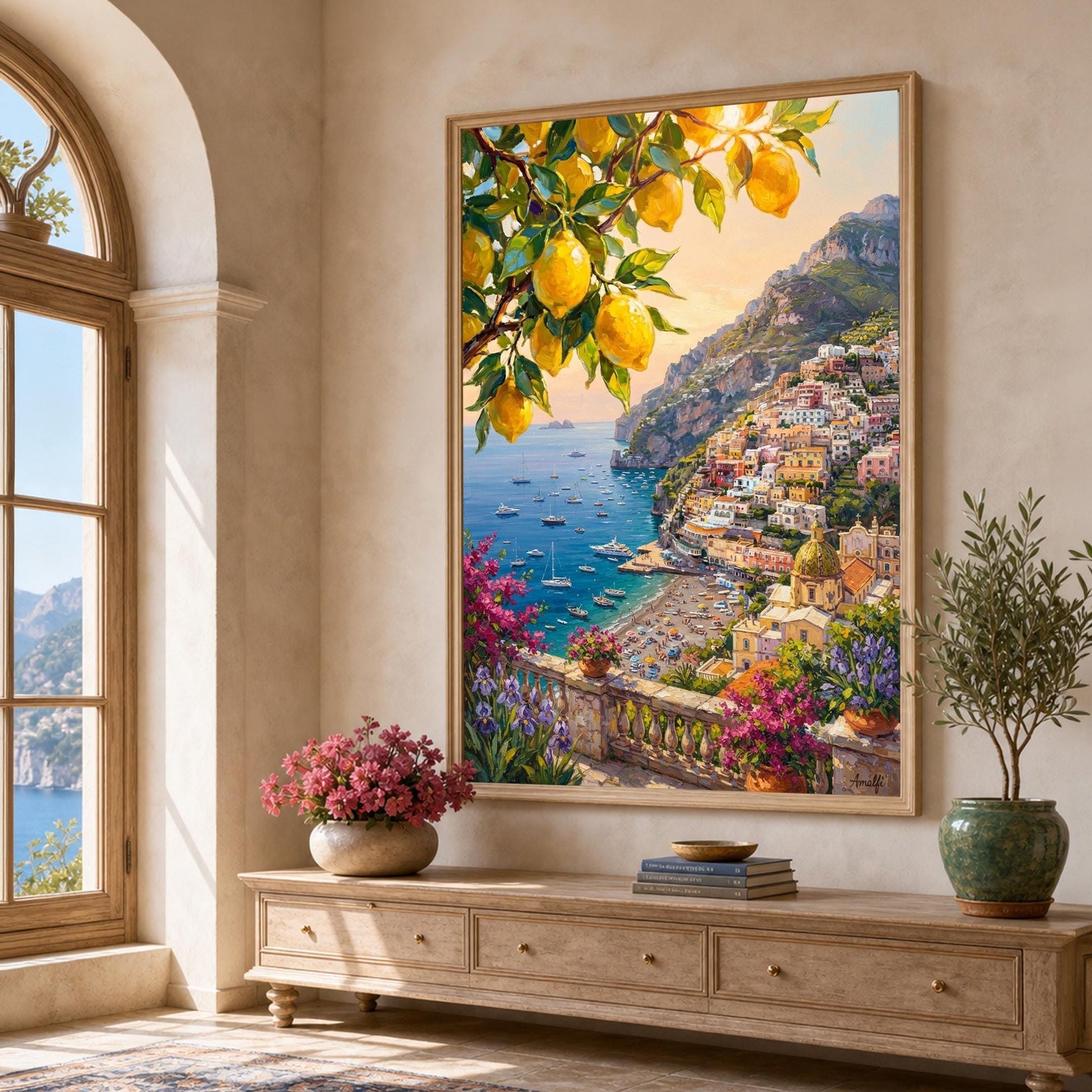 Original handmade Italian coastal lemon tree artwork