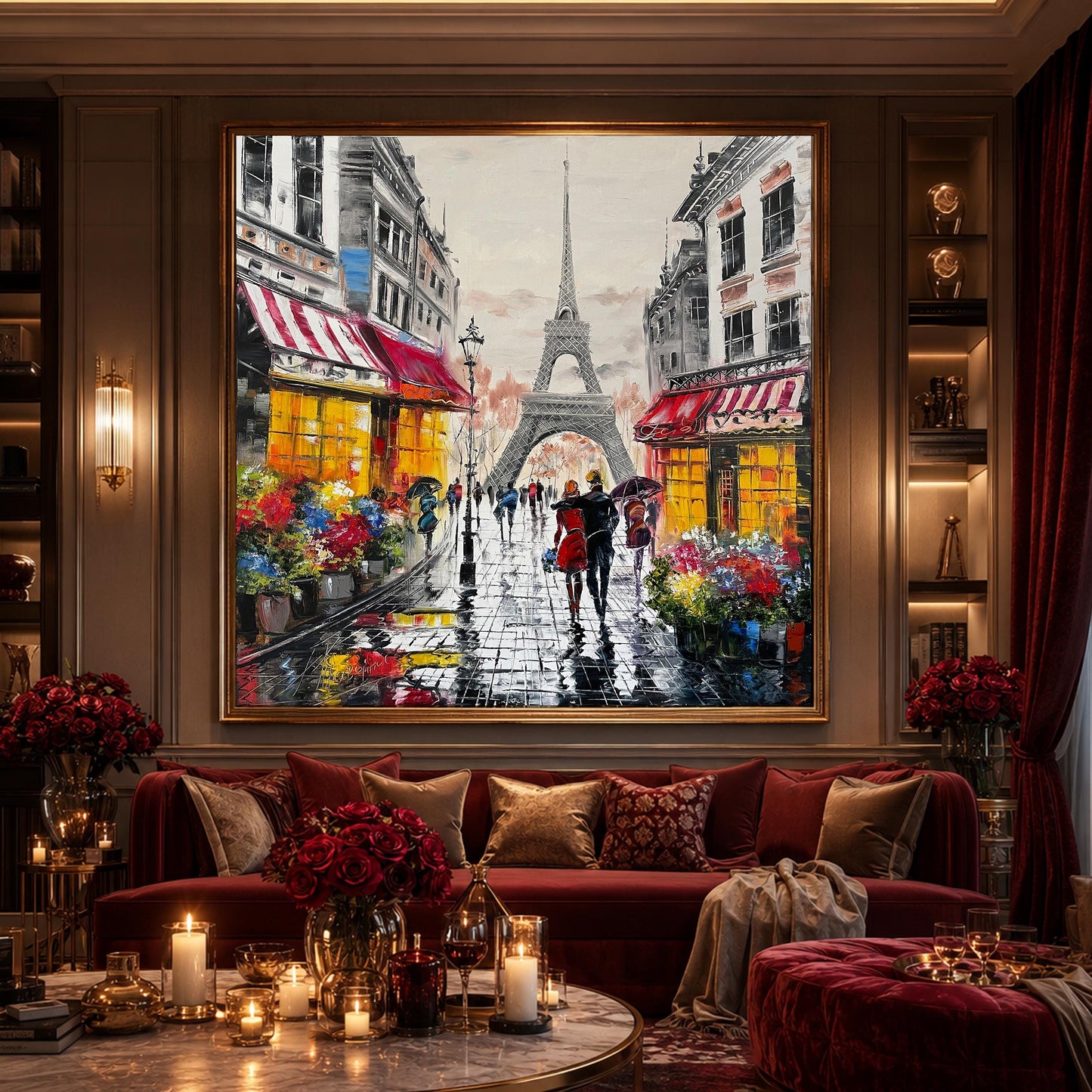 Original handmade Parisian cafe couple romance painting