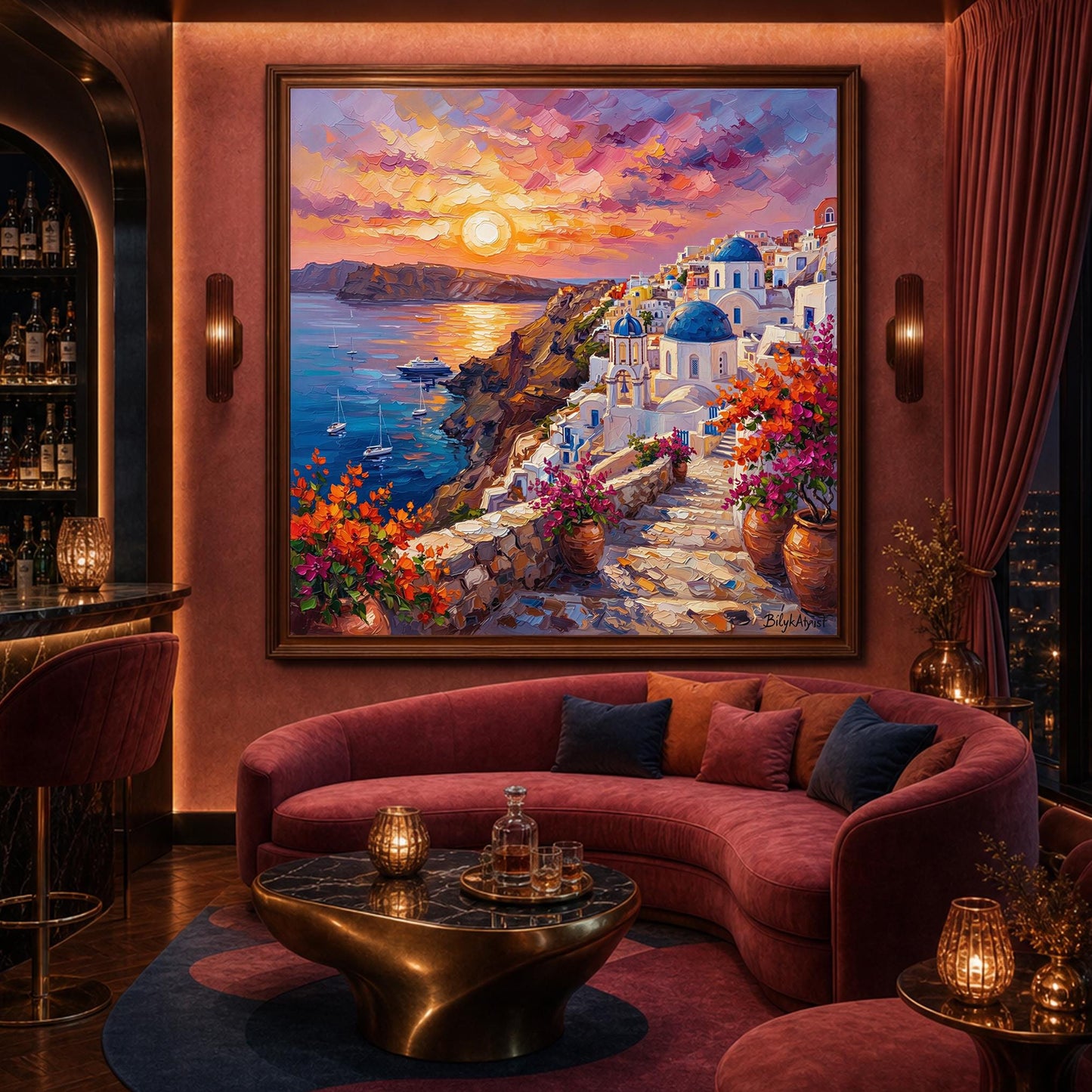 Original handmade Santorini flower sunset landscape painting