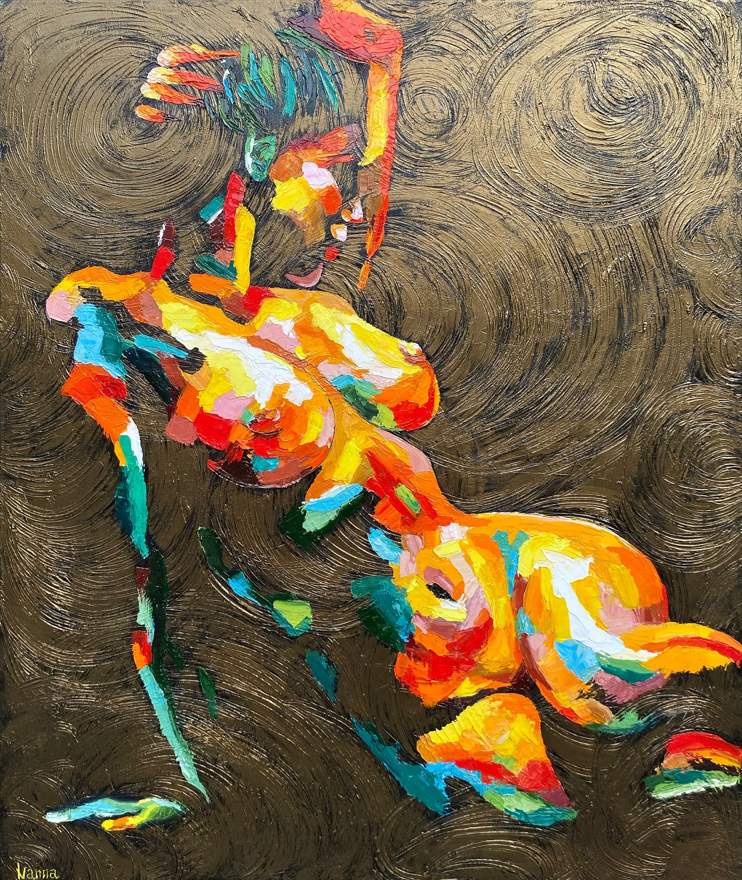  Original nude woman oil painting, sensual female figure art with gold background