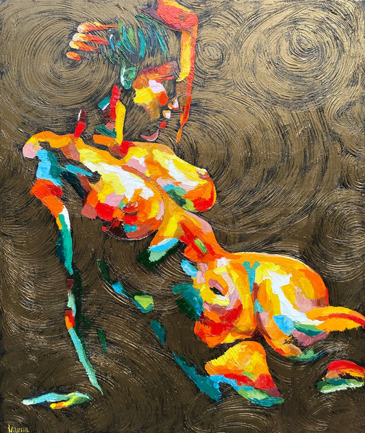  Original nude woman oil painting, sensual female figure art with gold background