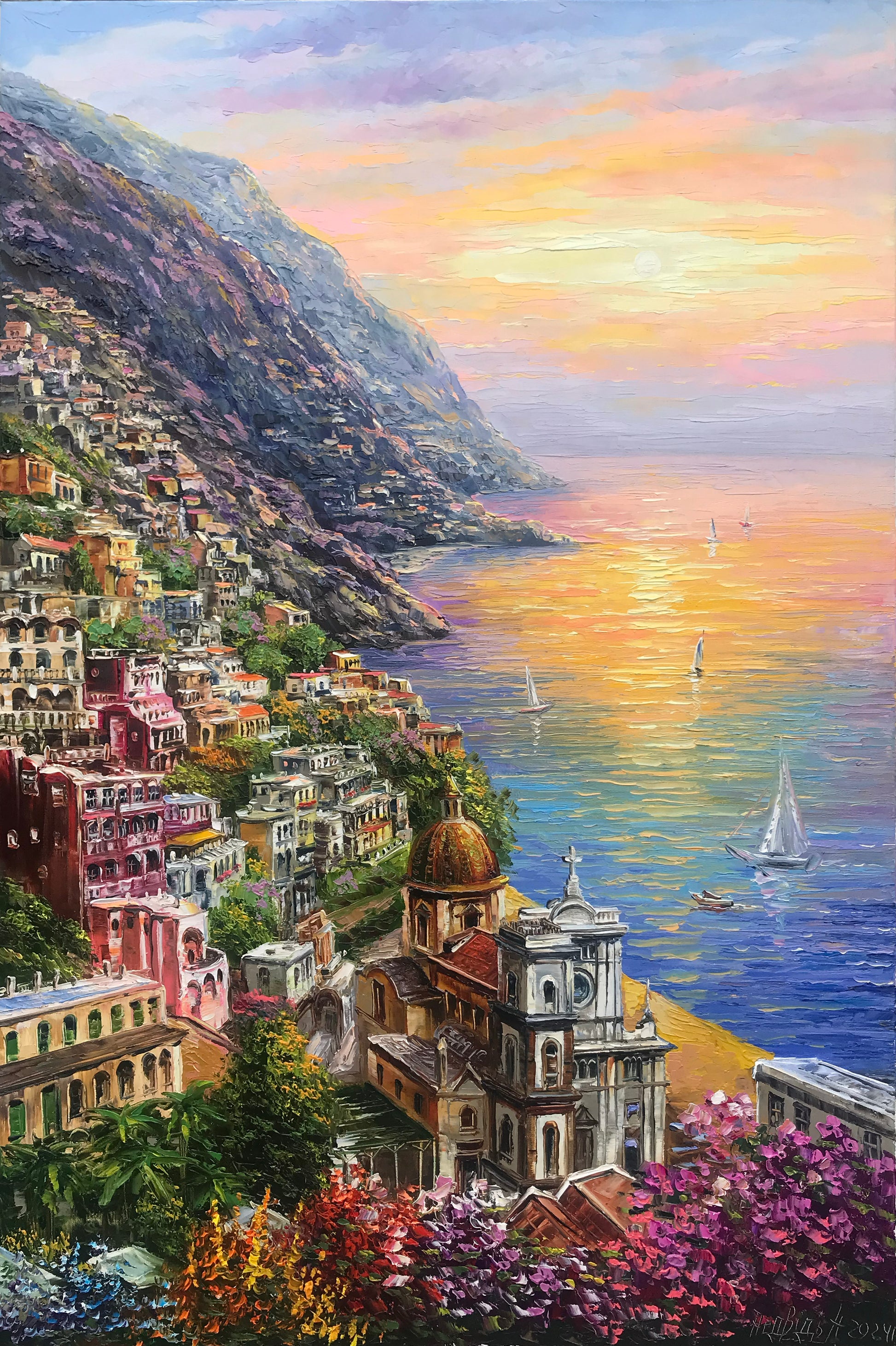 Original oil painting of Positano, Amalfi Coast, Italy coastal wall art