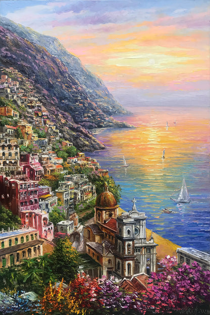 Original oil painting of Positano, Amalfi Coast, Italy coastal wall art