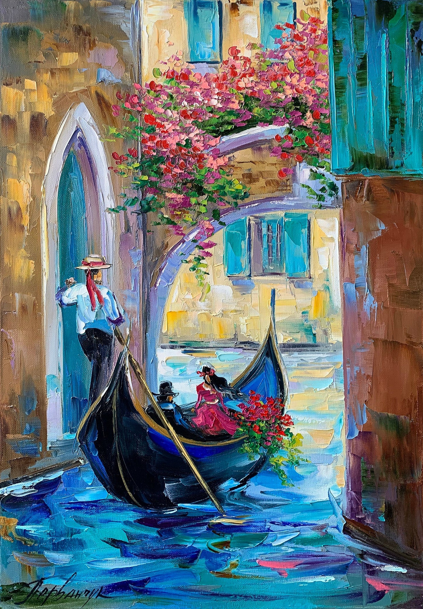 Original oil painting of Venice canal with gondola boat, Venetian wall art