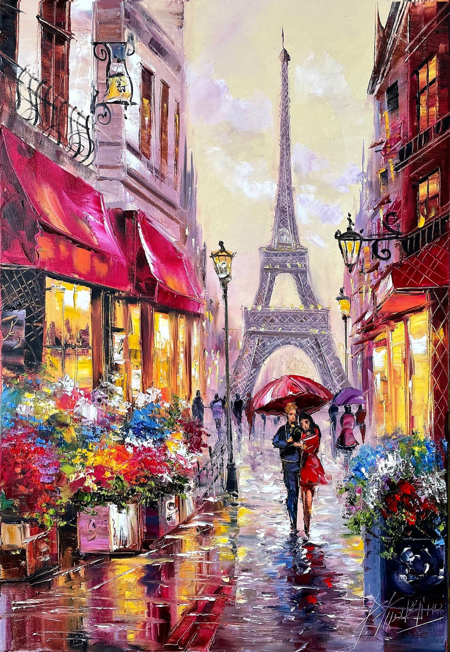 Original oil painting of couple walking in Parisian street scene