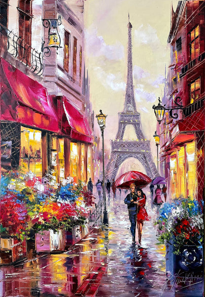 Original oil painting of couple walking in Parisian street scene