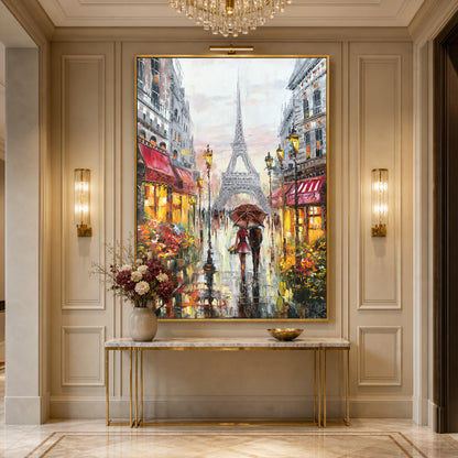 Original oil painting of couple walking in Paris under red umbrella, rainy day street scene