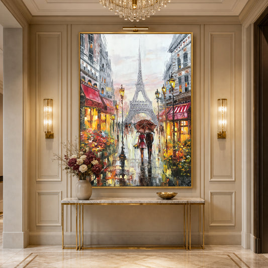 Original oil painting of couple walking in Paris under red umbrella, rainy day street scene