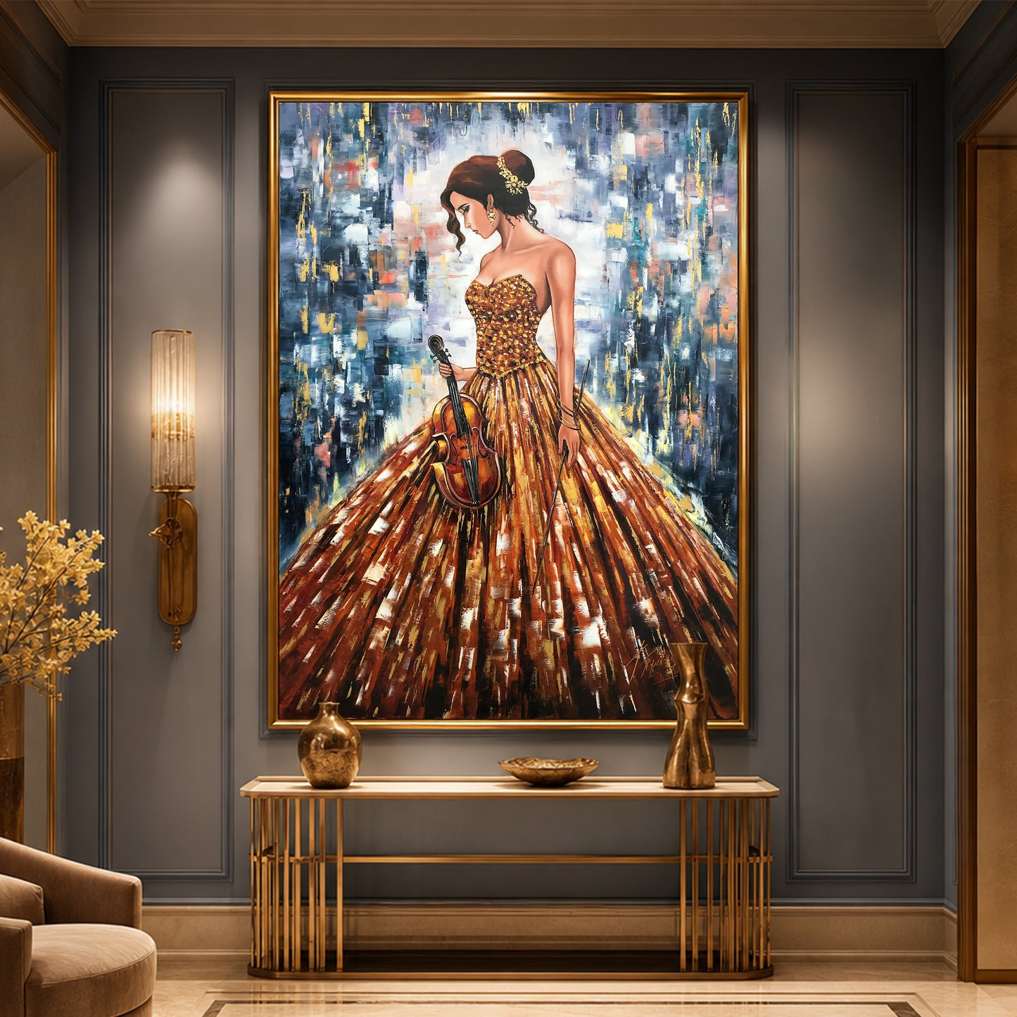 Original oil painting of elegant lady in gown playing violin, BilykArt Gallery