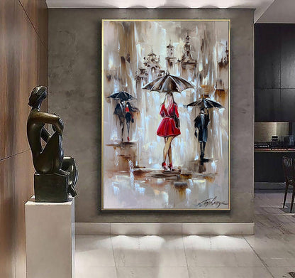 Original rainy street oil painting, elegant lady in red with umbrella