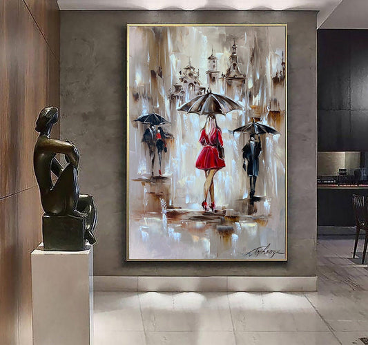 Original rainy street oil painting, elegant lady in red with umbrella