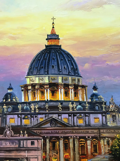 Painting of a large St. Peter's Basilica church in Rome with intricate architecture against a colorful sky.