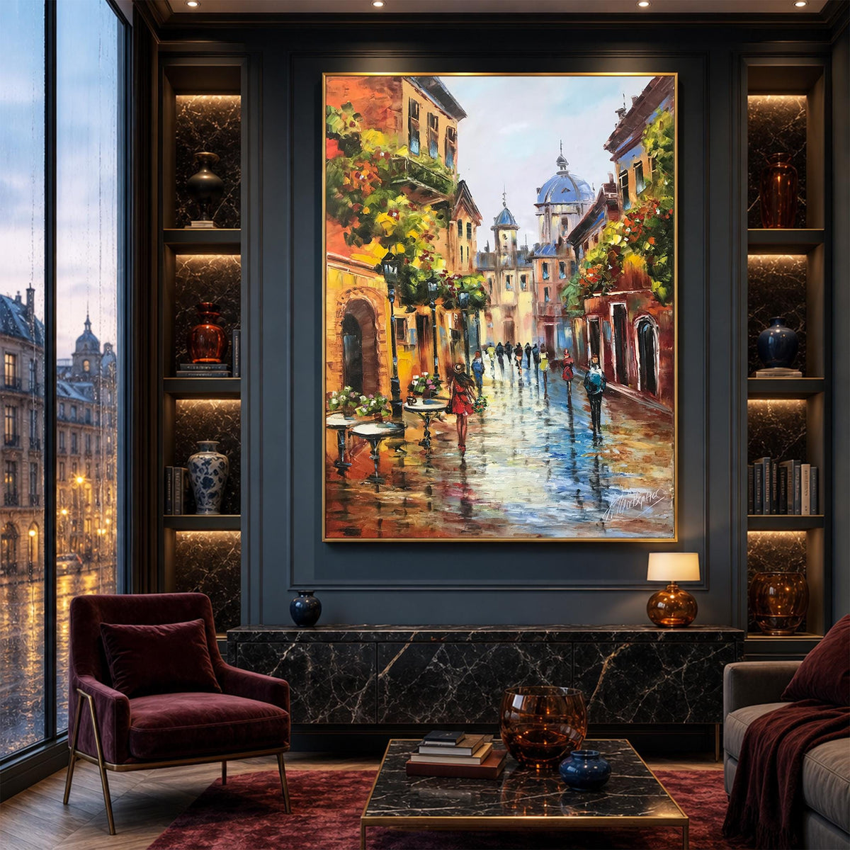 Parisian Street scene Oil Painting with gold frame- Large French Cafe Canvas Wall Art, Modern European Artwork