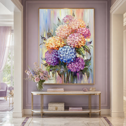 Pink hydrangea canvas art framed in gold, ready to hang
