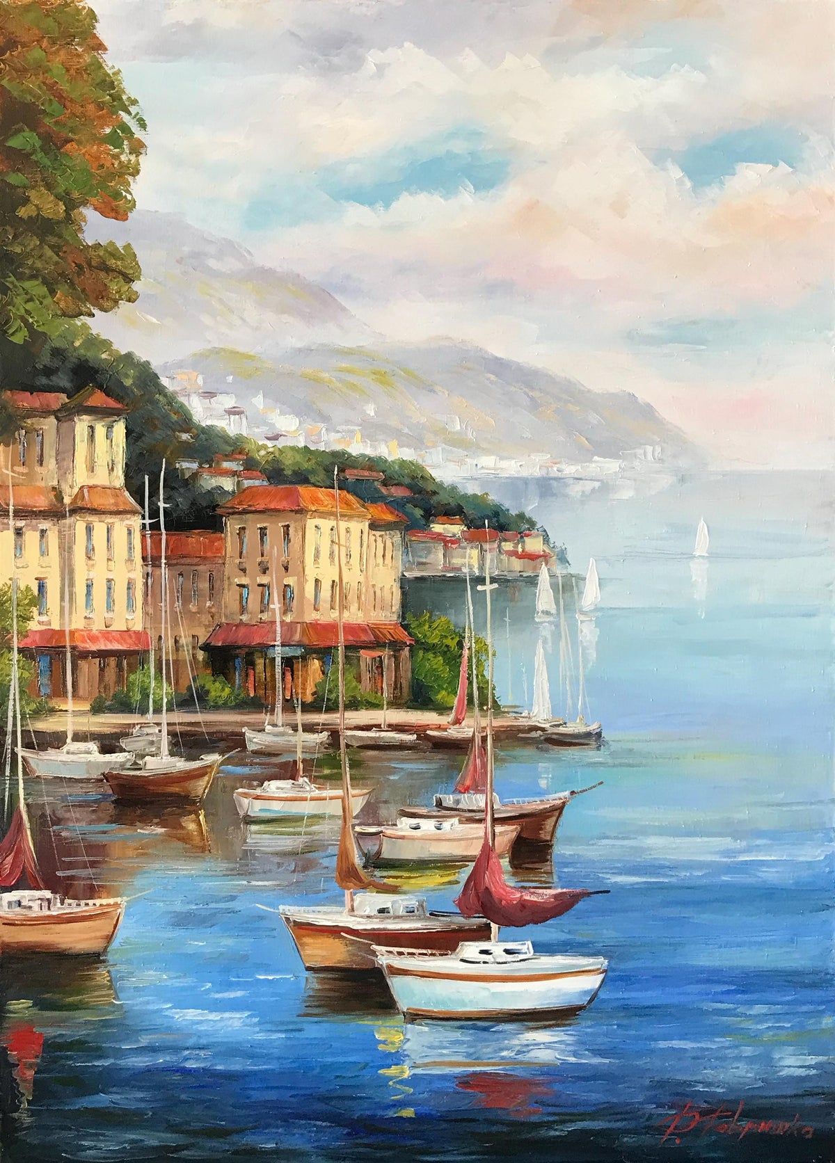 Portofino Italy oil painting original fishing boats harbor artwork