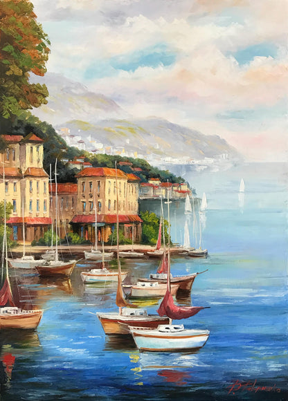 Portofino Italy oil painting original fishing boats harbor artwork
