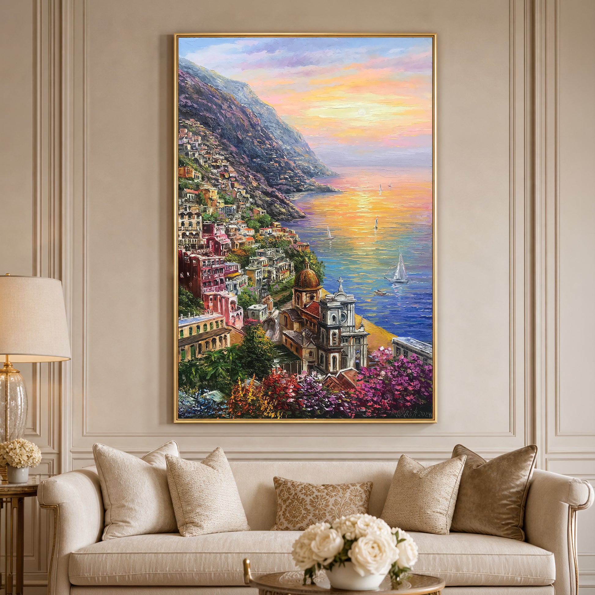 Positano Amalfi Coast painting displayed in elegant living room