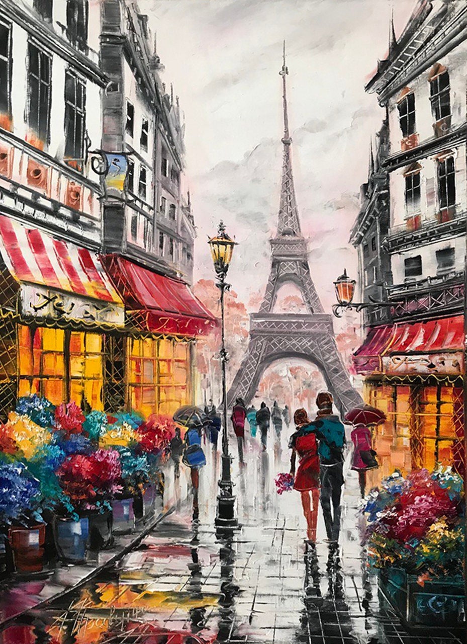 Rainy Paris street oil painting couple walking original artwork