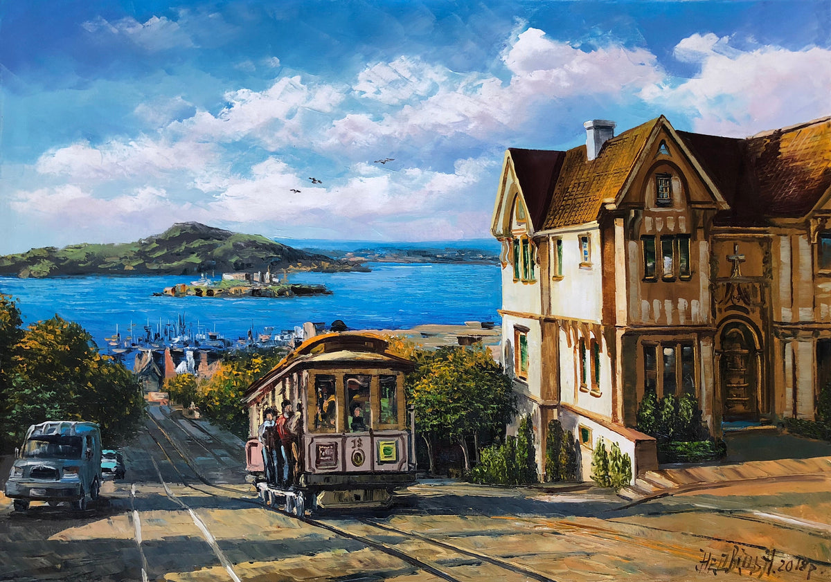 San Francisco cable car oil painting original Victorian house bay view