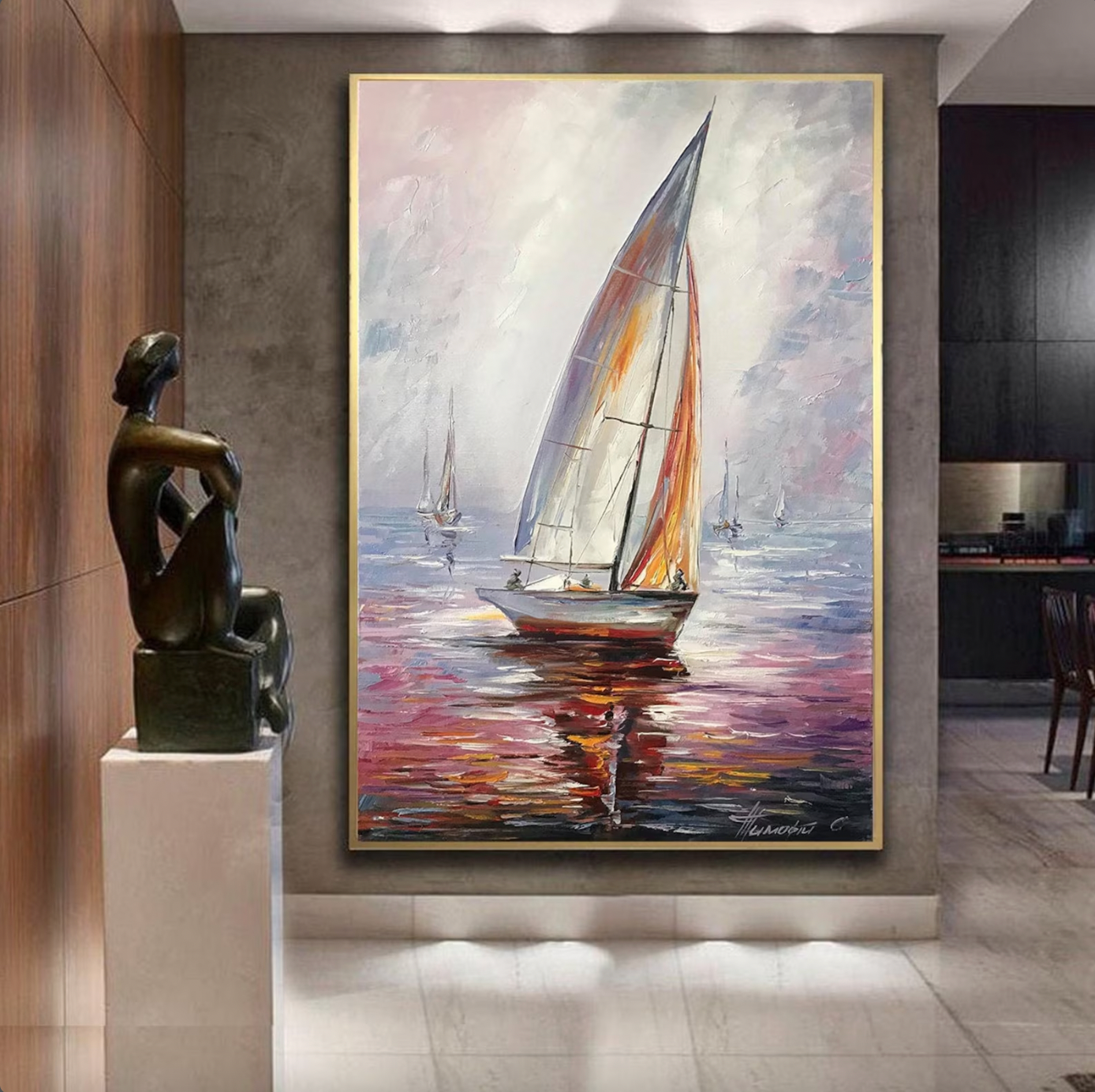 Sail Boat Painting Sunset Oil Painting Original Sea boat Art Decor Harbor Painting Framed Ship Wall Art Canvas Boat Yacht Oil Painting