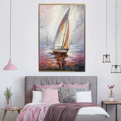 Sail Boat Painting Sunset Oil Painting Original Sea boat Art Decor Harbor Painting Framed Ship Wall Art Canvas Boat Yacht Oil Painting