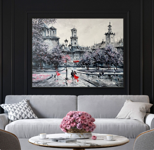Couple in Paris Painting on Canvas Black and White City Wall Art Paris Artwork Large Oil Painting Cityscape Art