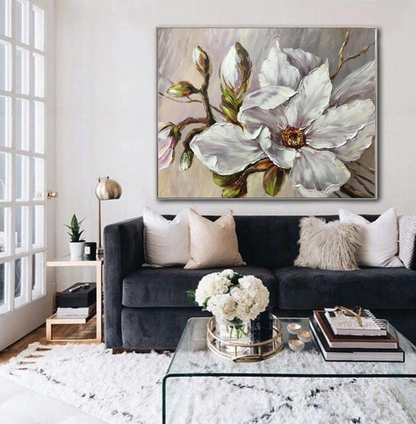 White Magnolia Painting Original Beige Flower Wall Art Single Flower Painting Magnolia Art Extra Large Flower Paintings on Canvas